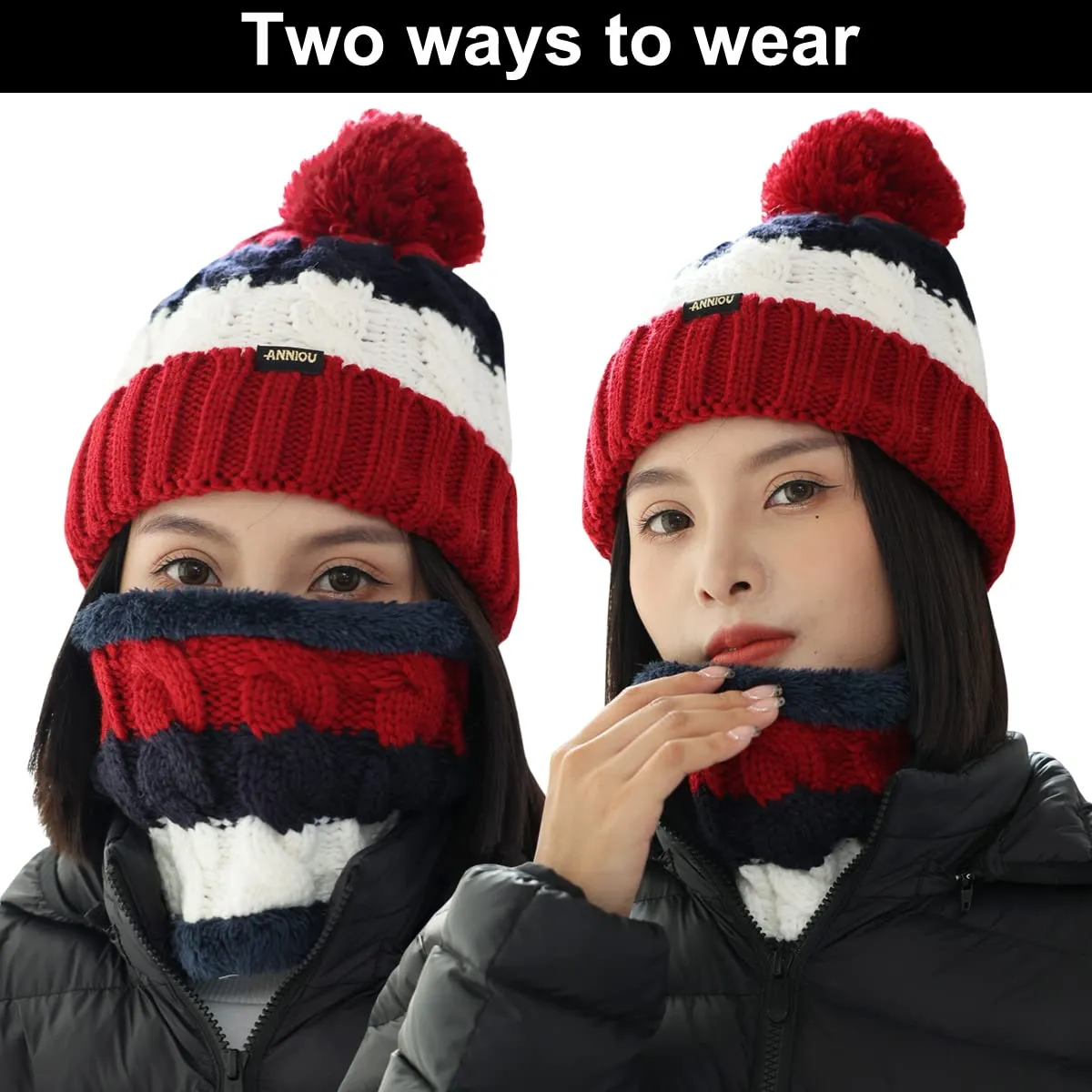 Women Knitted Hat Scarf Set Winter Warm Thicken Pom Pom Knitted Beanie Hat Fleece Lining Fashion Outdoor Cycling Windproof Knit Earmuff Cap Scarves