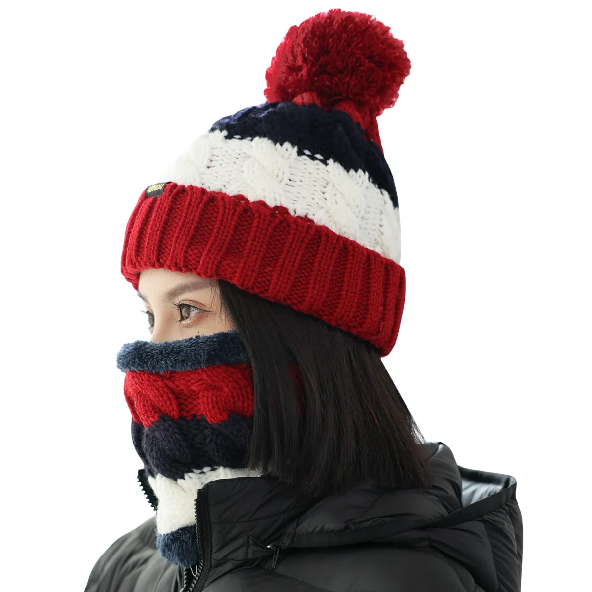 Women Knitted Hat Scarf Set Winter Warm Thicken Pom Pom Knitted Beanie Hat Fleece Lining Fashion Outdoor Cycling Windproof Knit Earmuff Cap Scarves