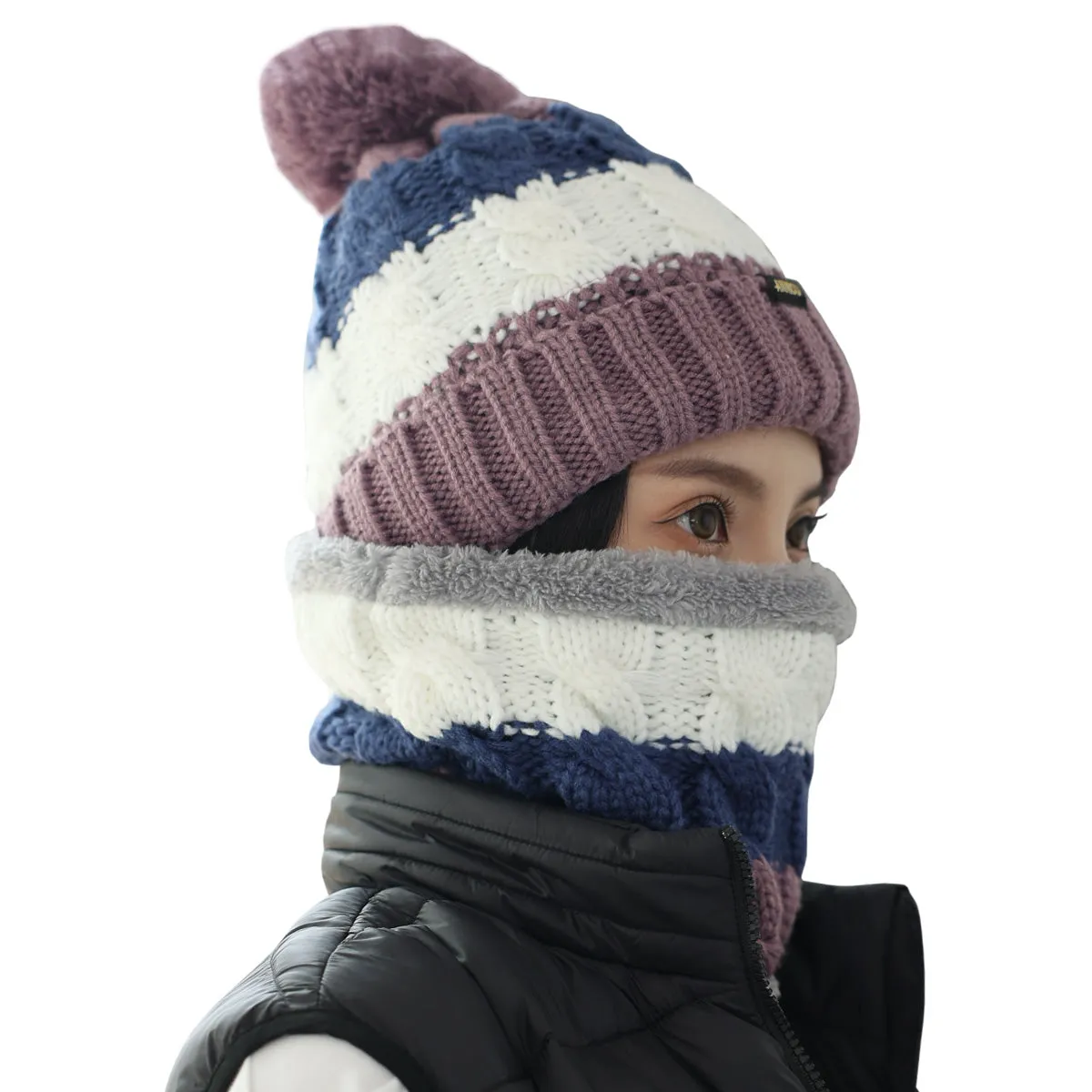 Women Knitted Hat Scarf Set Winter Warm Thicken Pom Pom Knitted Beanie Hat Fleece Lining Fashion Outdoor Cycling Windproof Knit Earmuff Cap Scarves