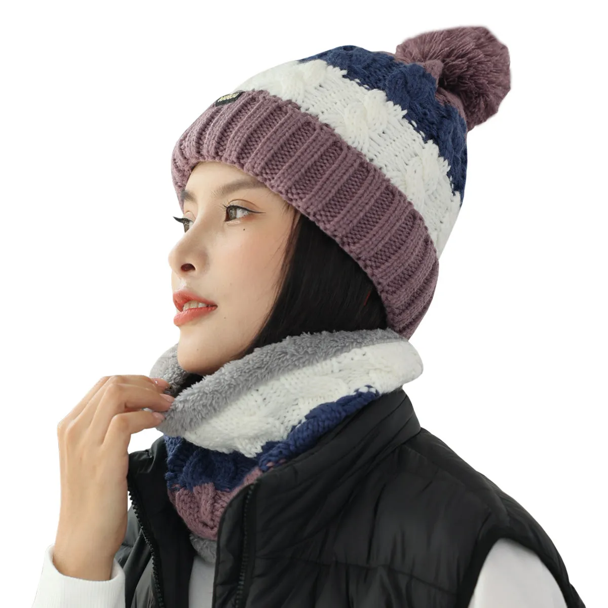 Women Knitted Hat Scarf Set Winter Warm Thicken Pom Pom Knitted Beanie Hat Fleece Lining Fashion Outdoor Cycling Windproof Knit Earmuff Cap Scarves