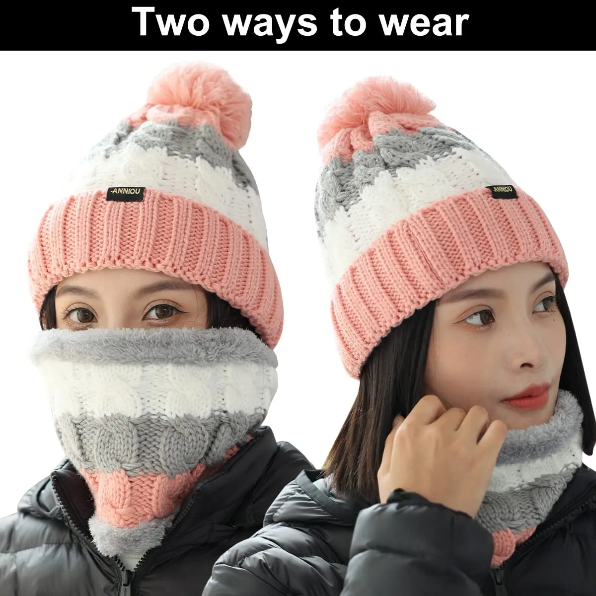 Women Knitted Hat Scarf Set Winter Warm Thicken Pom Pom Knitted Beanie Hat Fleece Lining Fashion Outdoor Cycling Windproof Knit Earmuff Cap Scarves