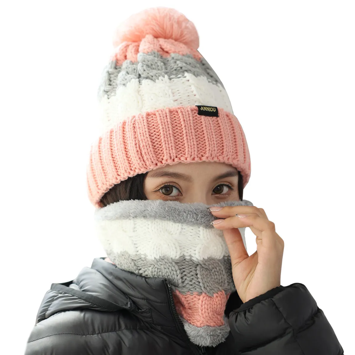 Women Knitted Hat Scarf Set Winter Warm Thicken Pom Pom Knitted Beanie Hat Fleece Lining Fashion Outdoor Cycling Windproof Knit Earmuff Cap Scarves