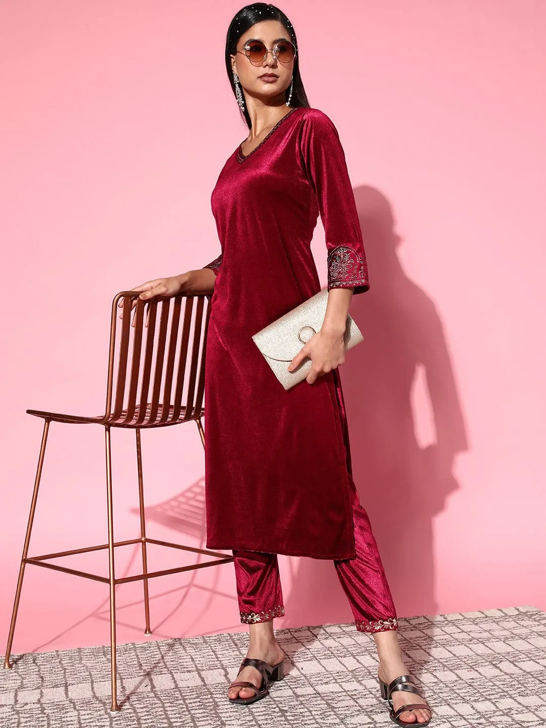 Women Maroon Velvet Embroidered Kurta With Pants