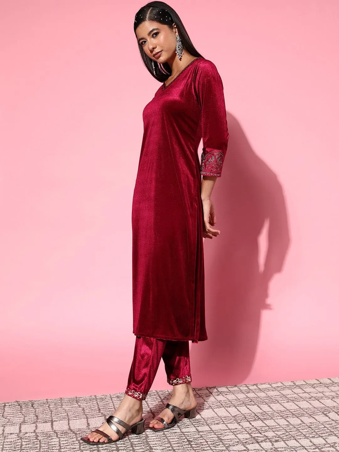 Women Maroon Velvet Embroidered Kurta With Pants