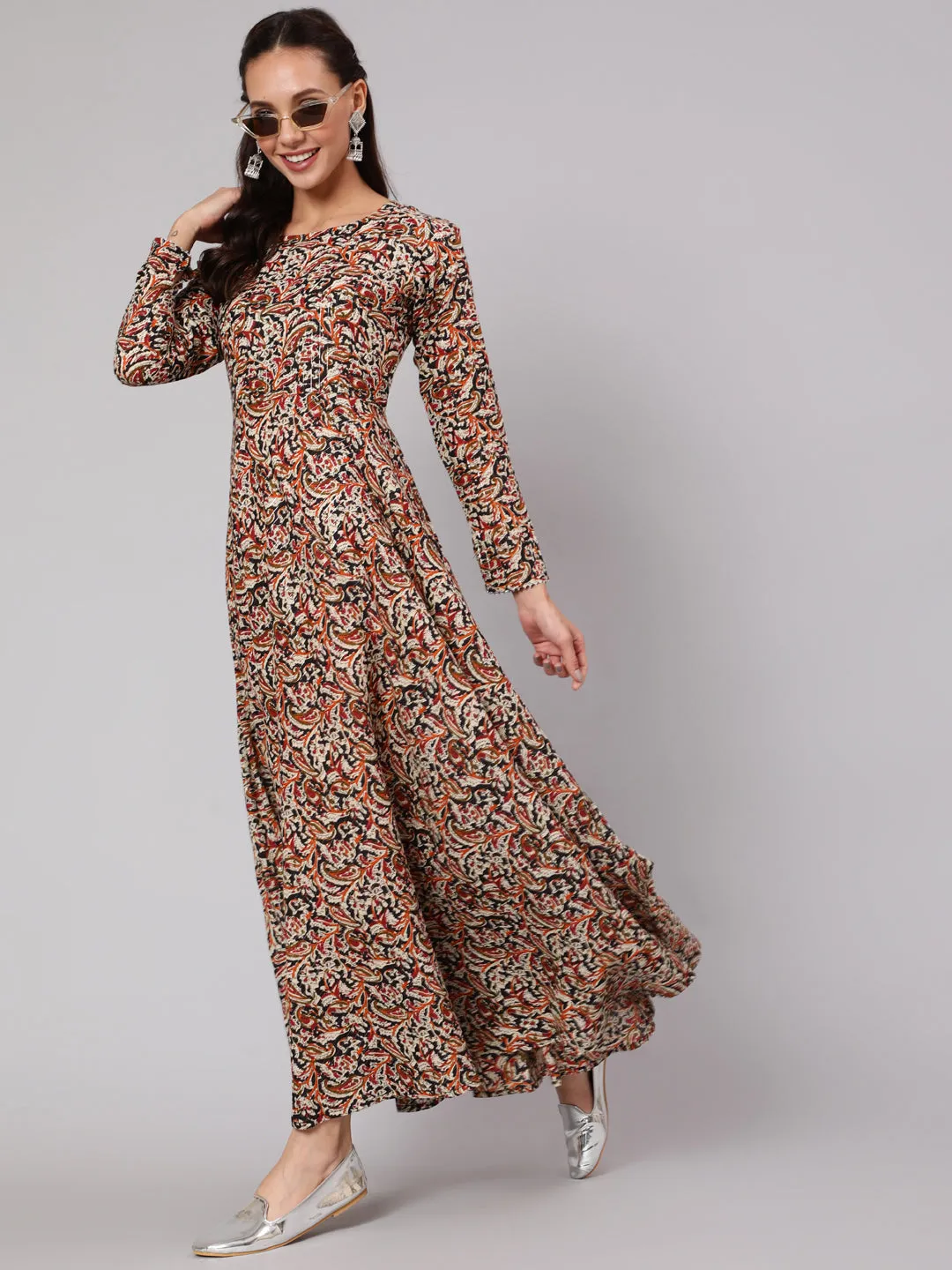 Women Multi Ethnic Printed Dress With Three Quarter Sleeves