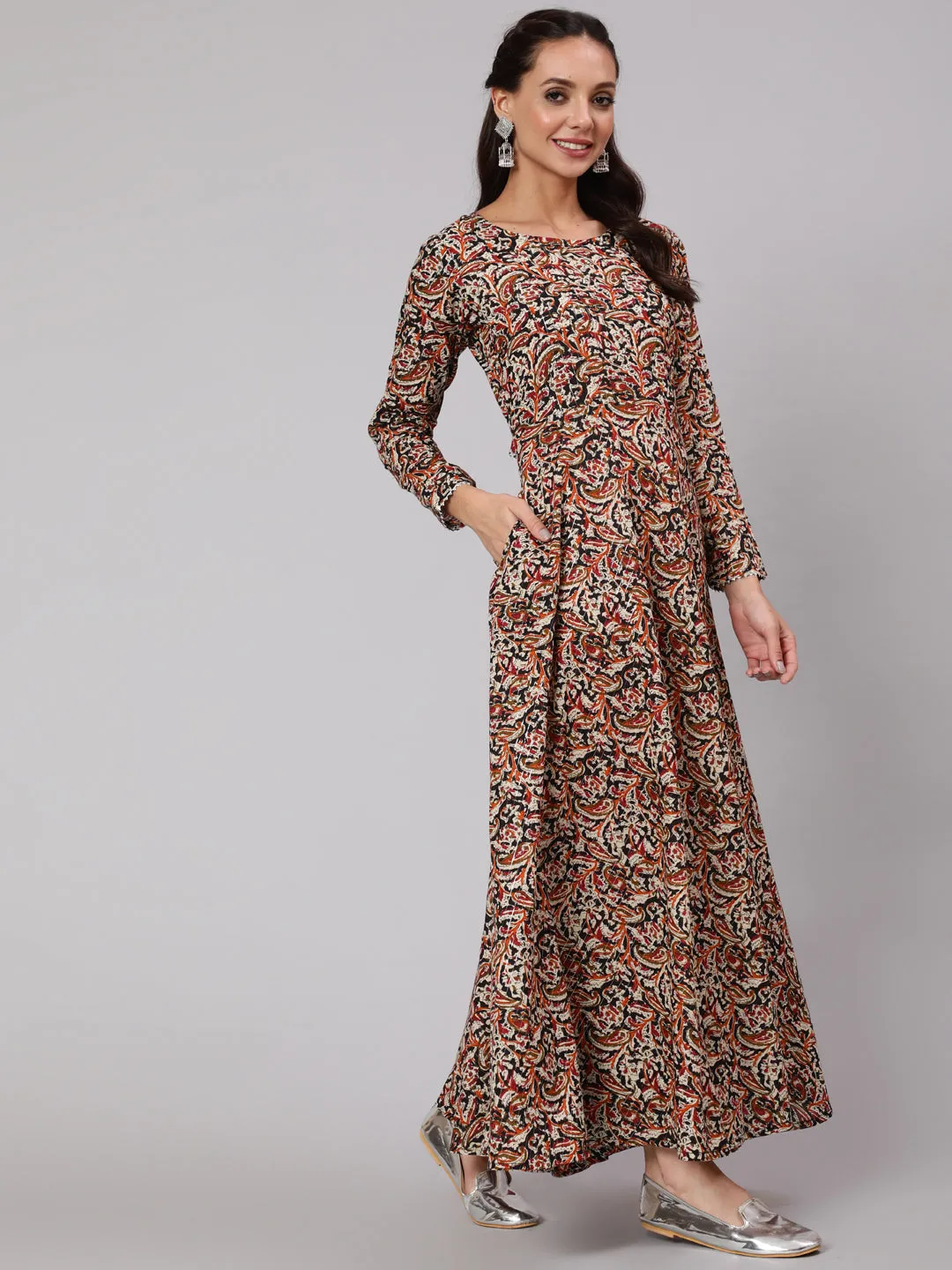 Women Multi Ethnic Printed Dress With Three Quarter Sleeves