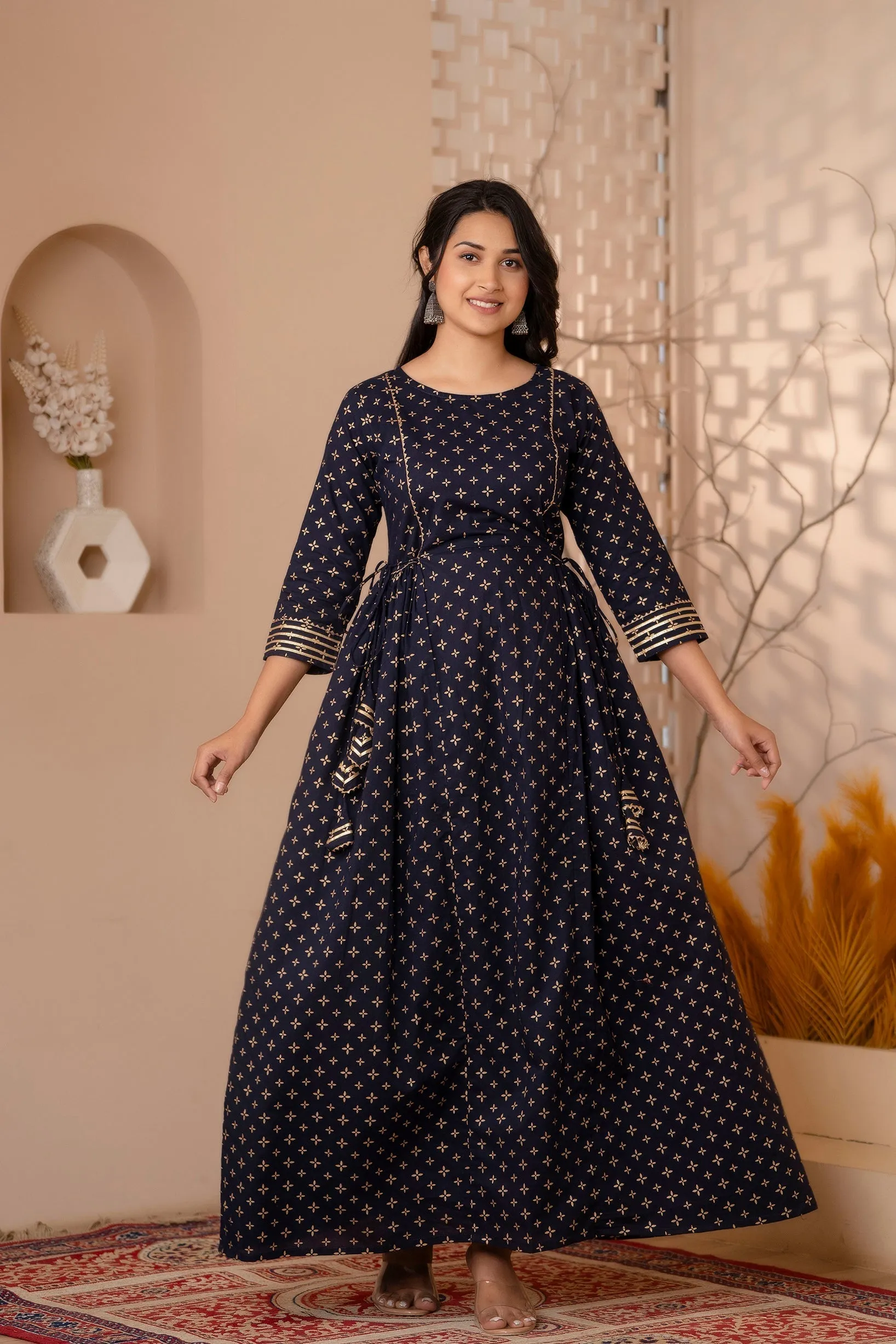 Women Navy Blue Gold Printed Flared Dress With Three Quarter Sleeves