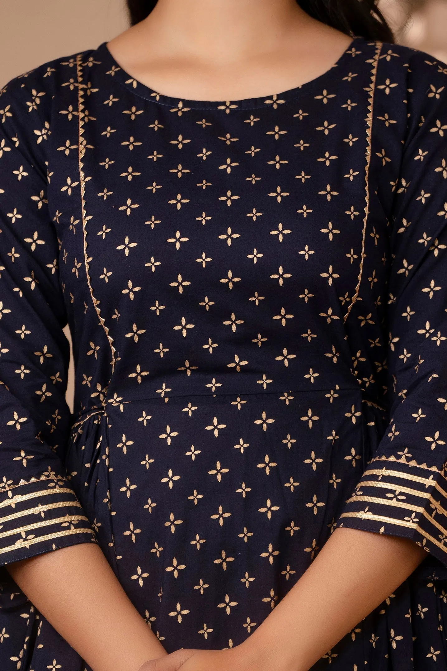 Women Navy Blue Gold Printed Flared Dress With Three Quarter Sleeves