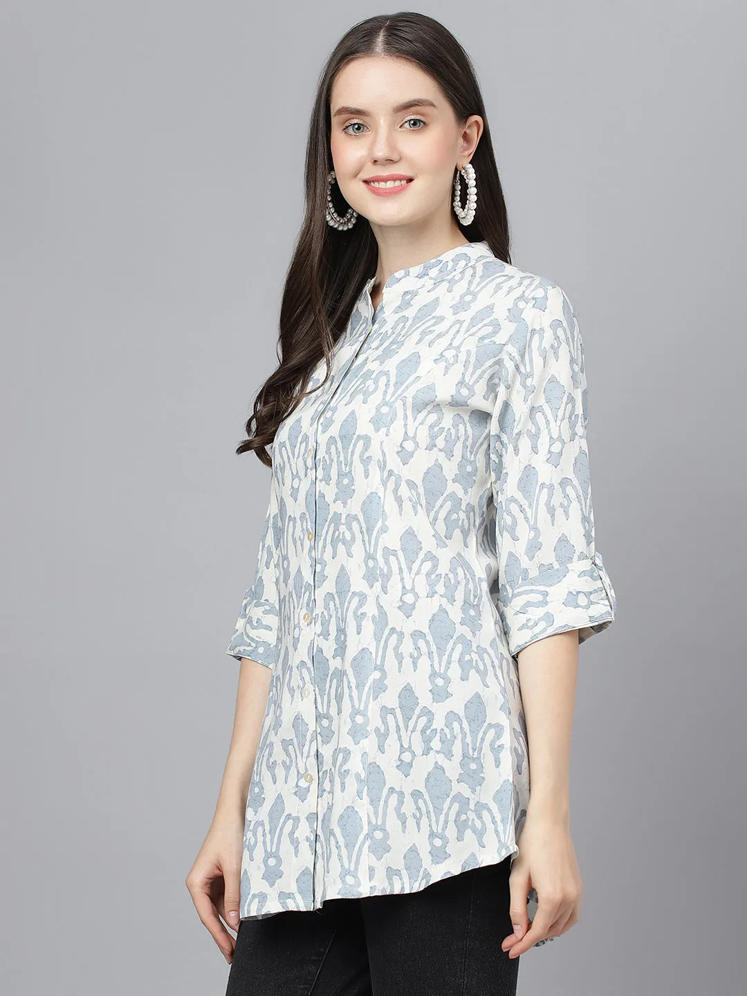 Women Off White Abstract Printed Rayon A-Line Shirts Style Top