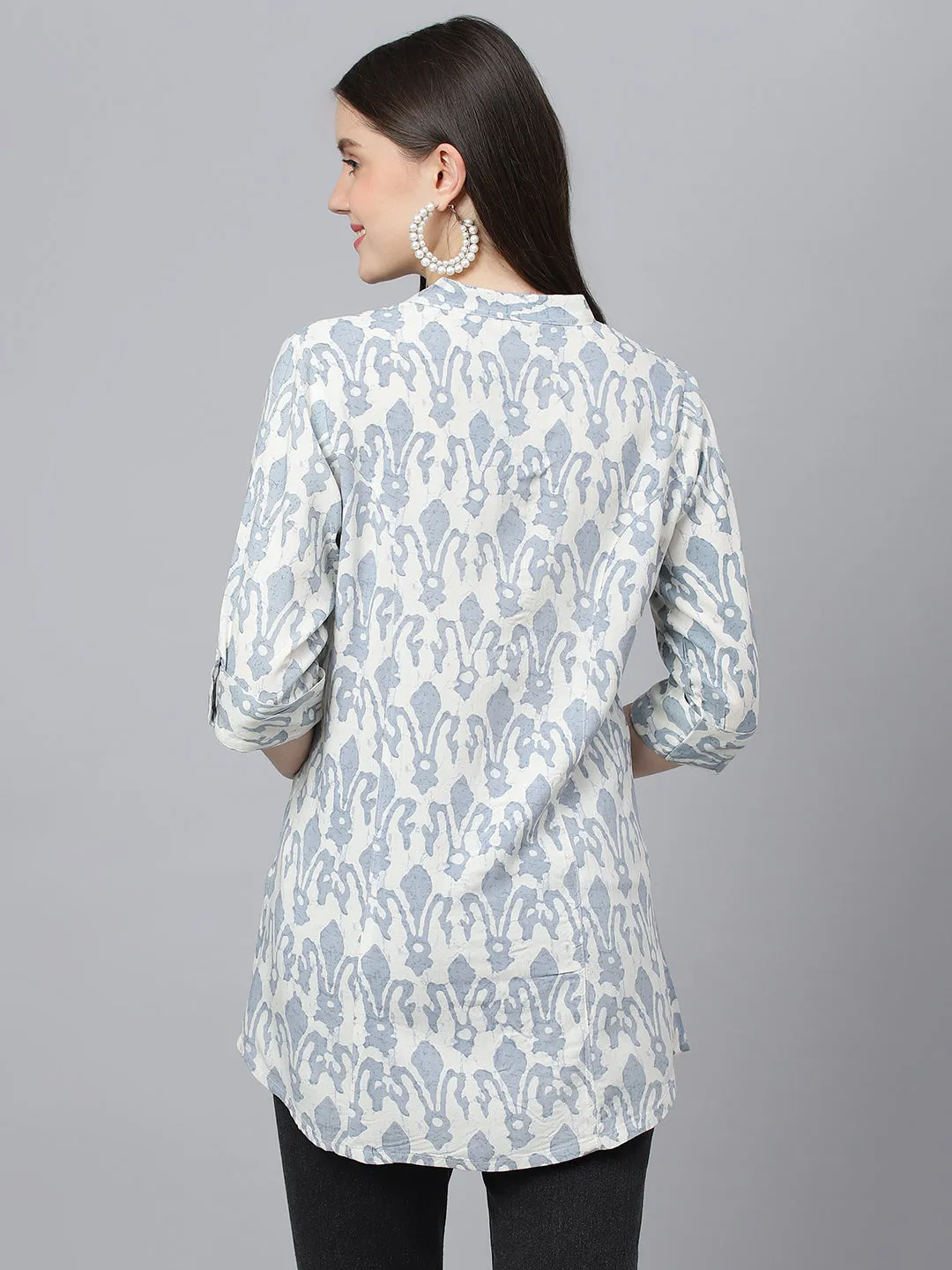 Women Off White Abstract Printed Rayon A-Line Shirts Style Top