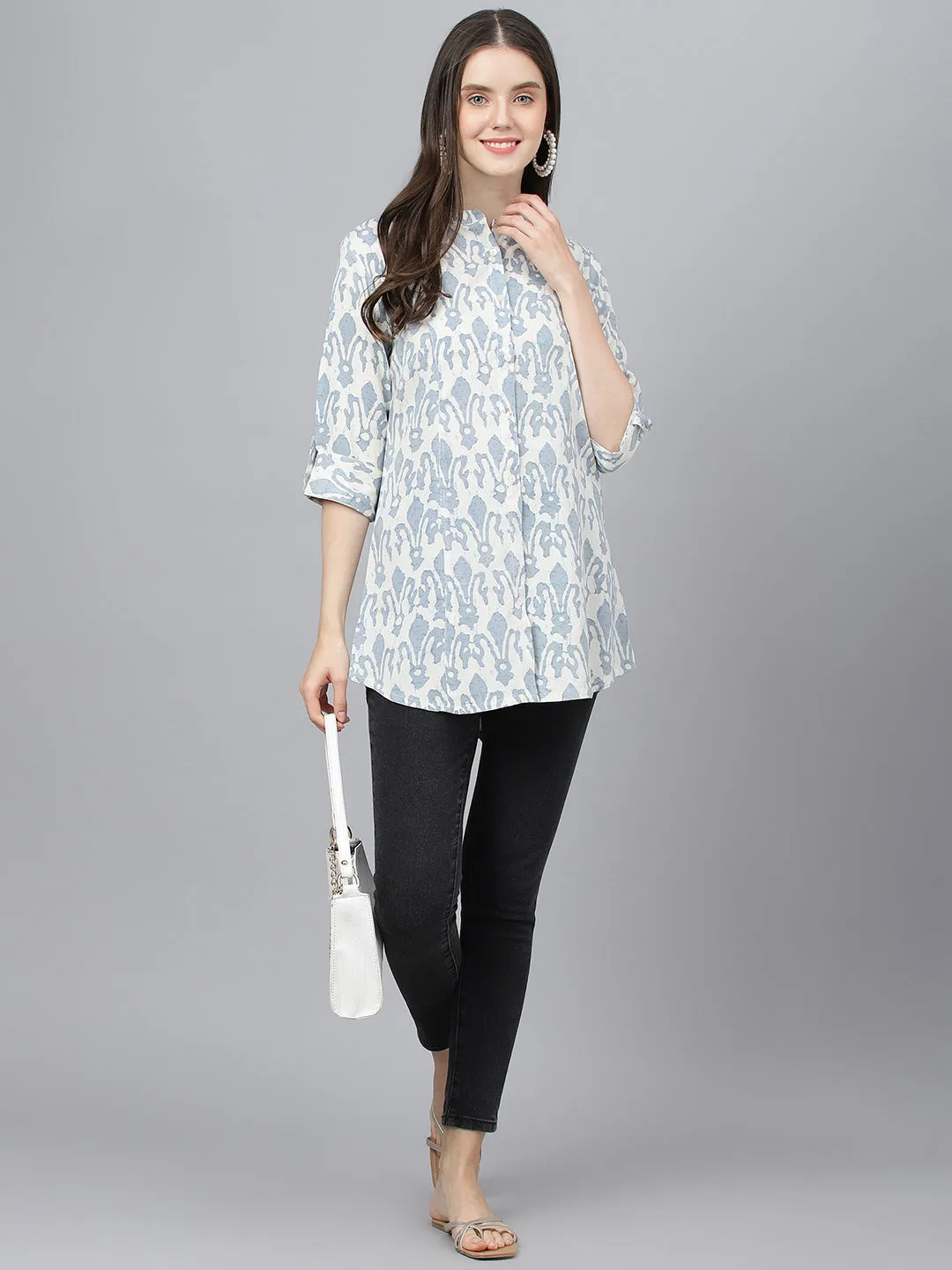 Women Off White Abstract Printed Rayon A-Line Shirts Style Top