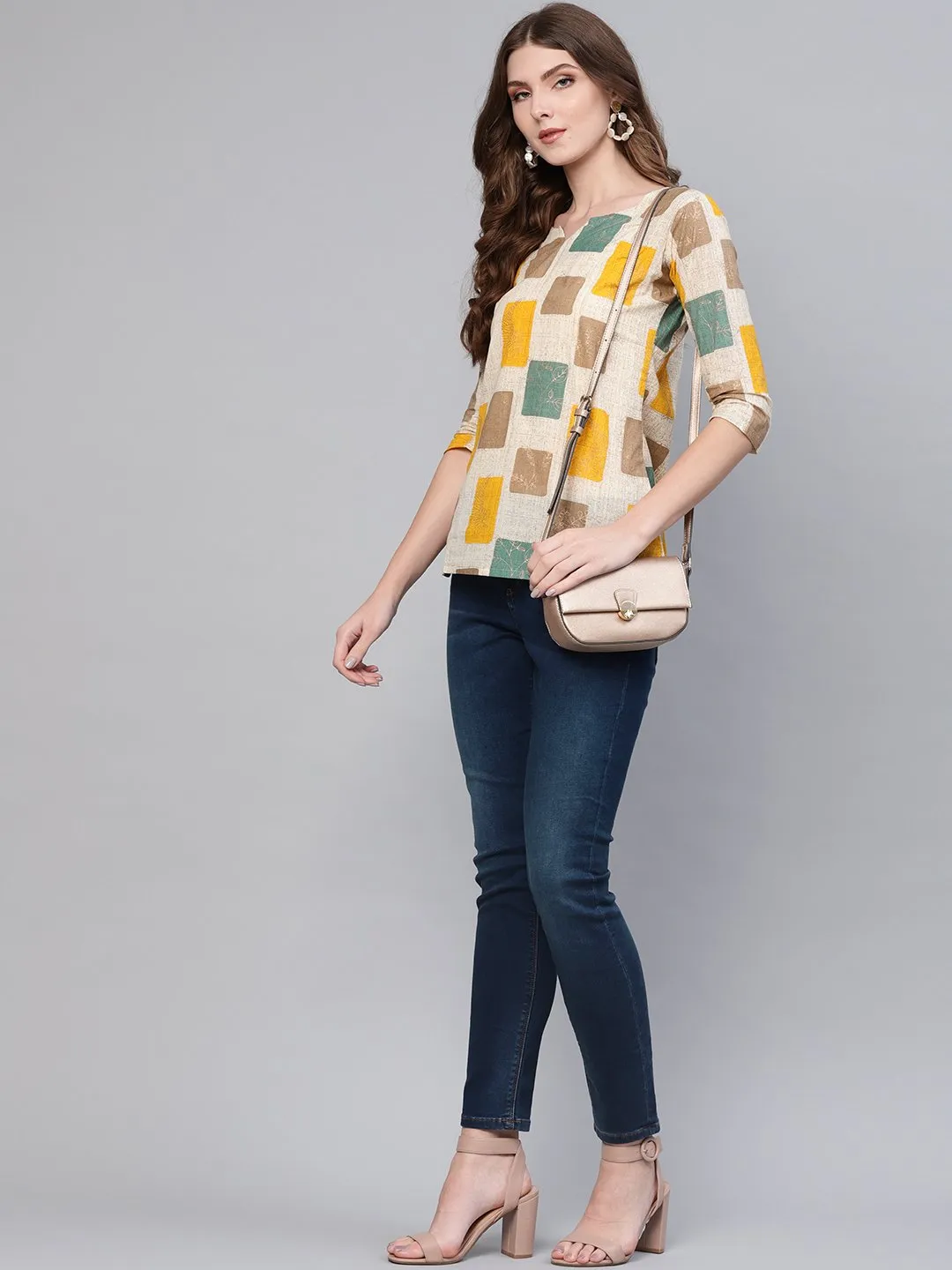 Women Off-White & Mustard Yellow Printed Top