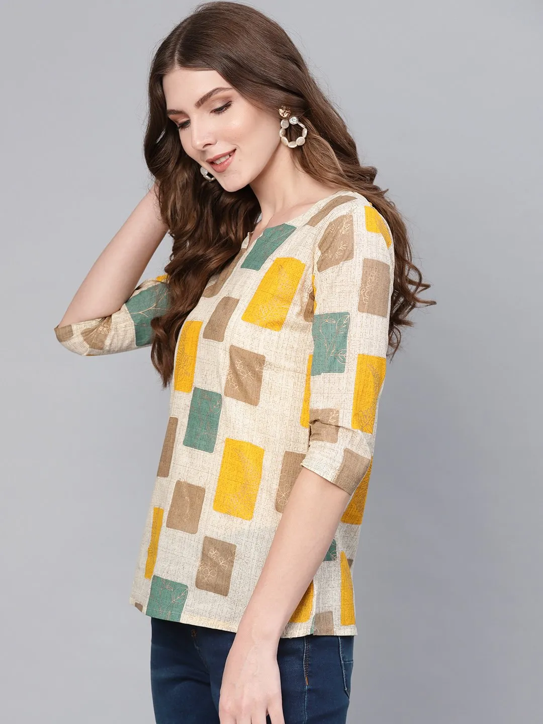 Women Off-White & Mustard Yellow Printed Top