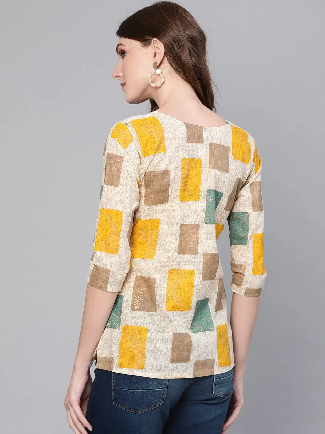 Women Off-White & Mustard Yellow Printed Top