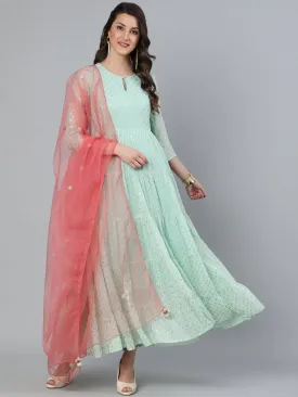 Women Pastel Green Foil Printed Tired Dress With Pink Embroidered Dupatta