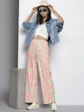 Women Pink & Green Abstract Waves Print Straight Pants