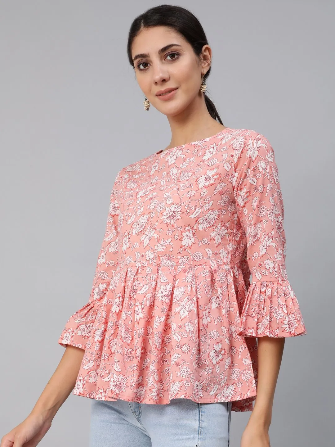 Women Pink Floral Printed Top With Three Quarter Flared Sleeves