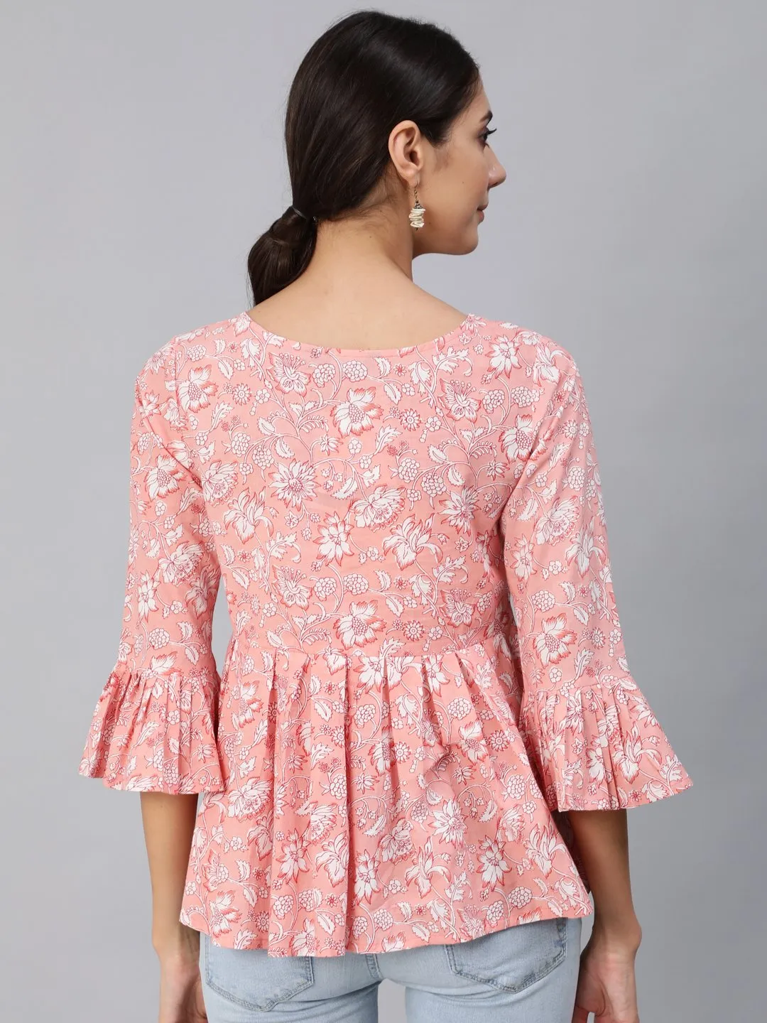 Women Pink Floral Printed Top With Three Quarter Flared Sleeves