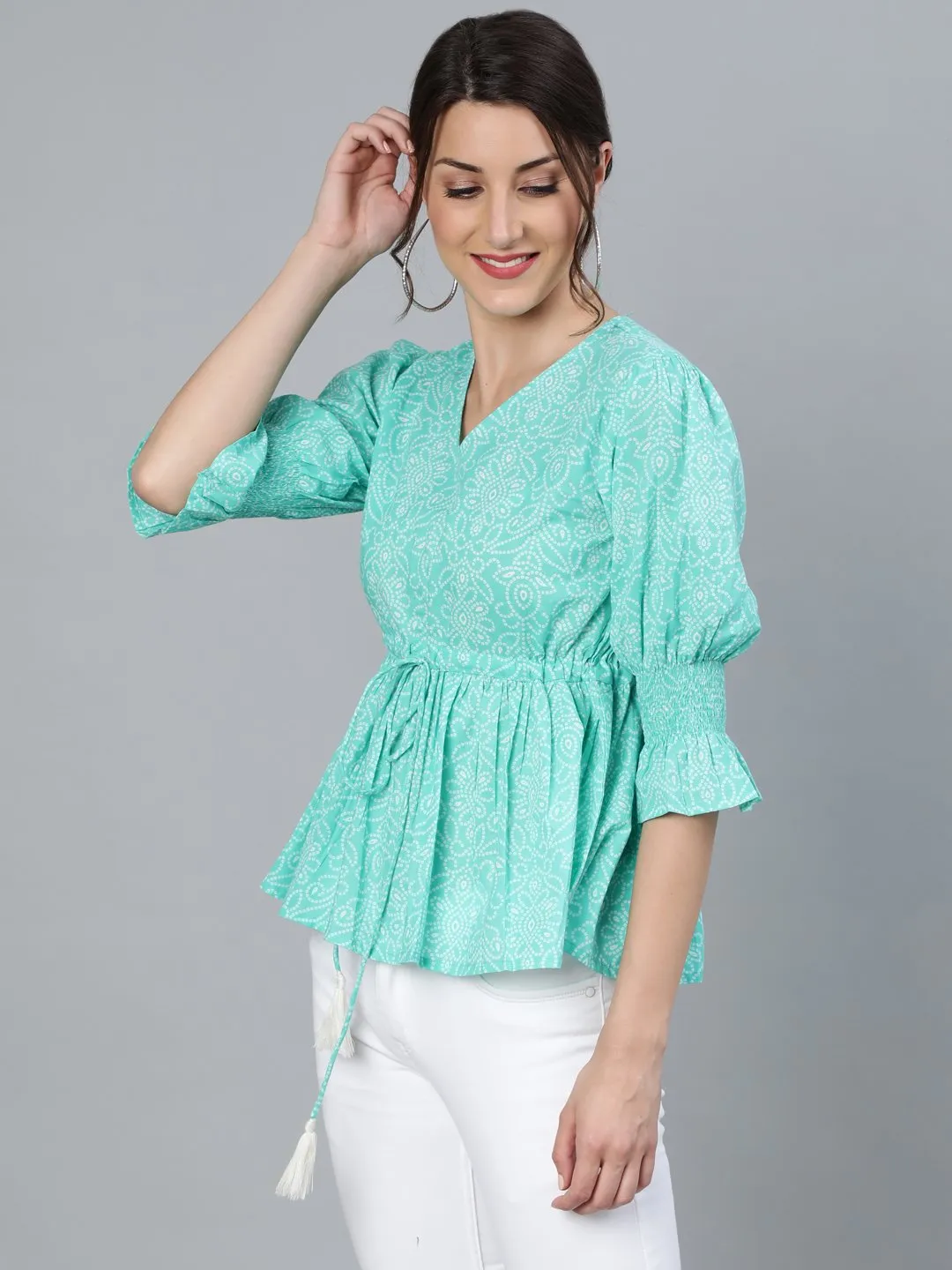 Women Sea Green & Off White Bandhani Printed Top With Three Quarter Sleeves