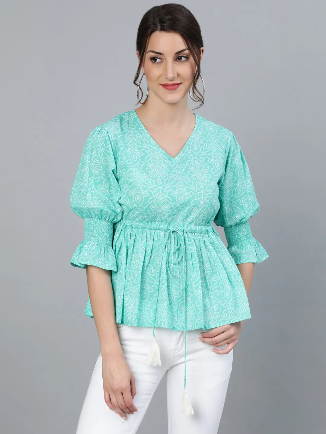 Women Sea Green & Off White Bandhani Printed Top With Three Quarter Sleeves