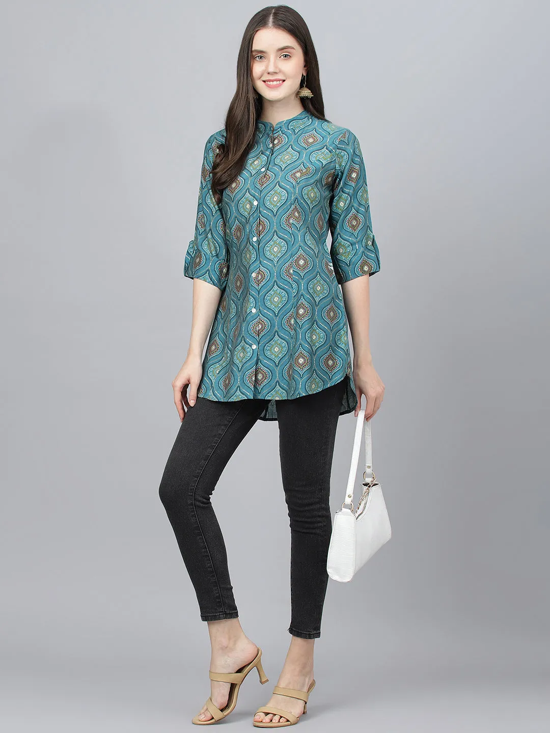 Women Teal Blue Motif Printed Modal A-Line Shirts Style Top