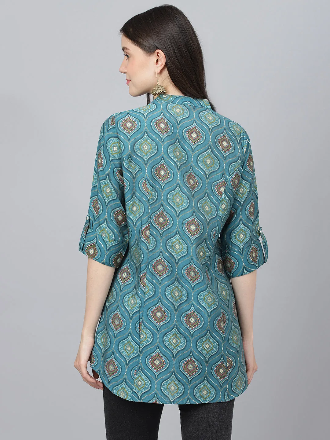 Women Teal Blue Motif Printed Modal A-Line Shirts Style Top