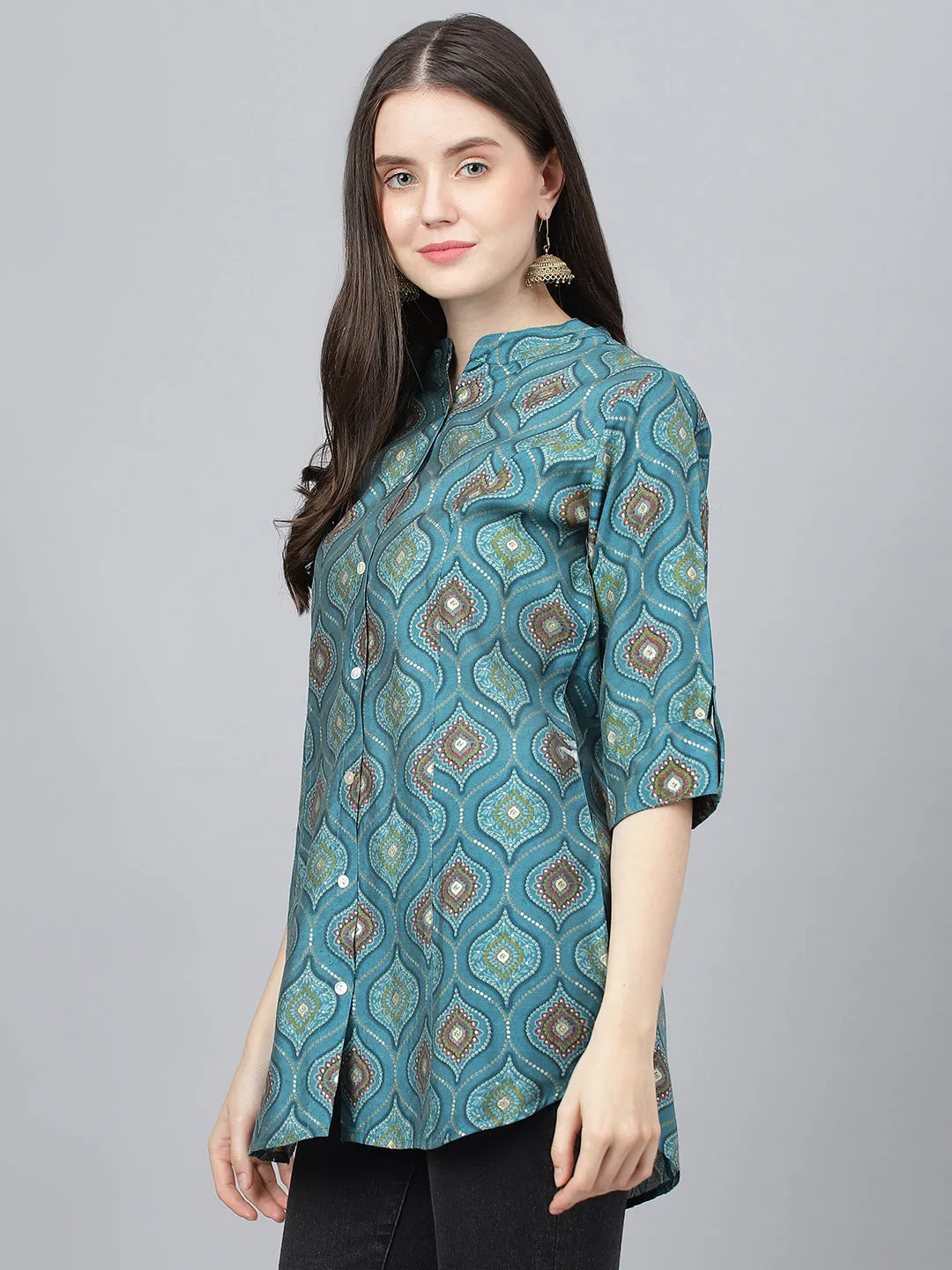 Women Teal Blue Motif Printed Modal A-Line Shirts Style Top