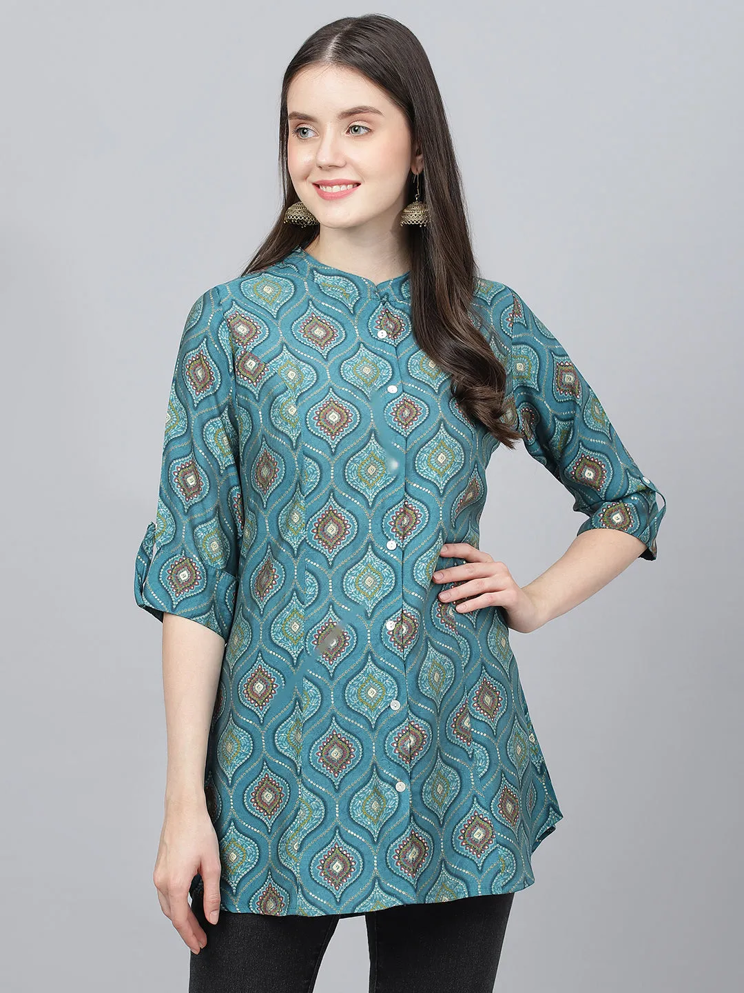 Women Teal Blue Motif Printed Modal A-Line Shirts Style Top