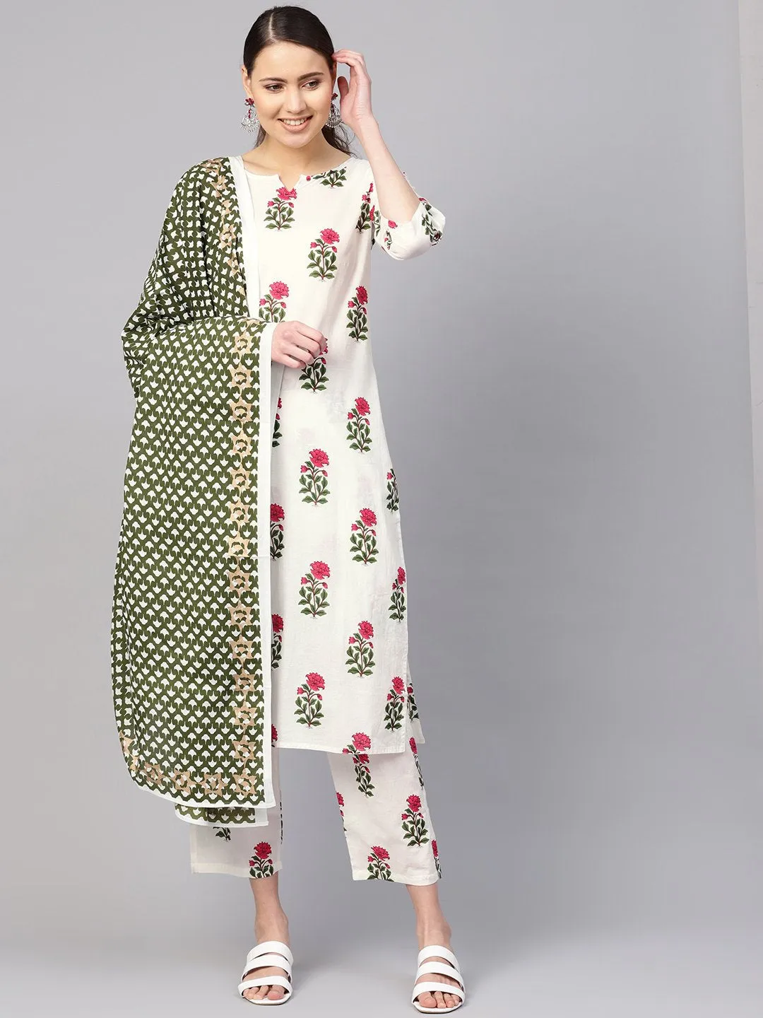 Women White Floral Printed Round Neck Straight Kurta With Pants And Green Gold Printed Dupatta.