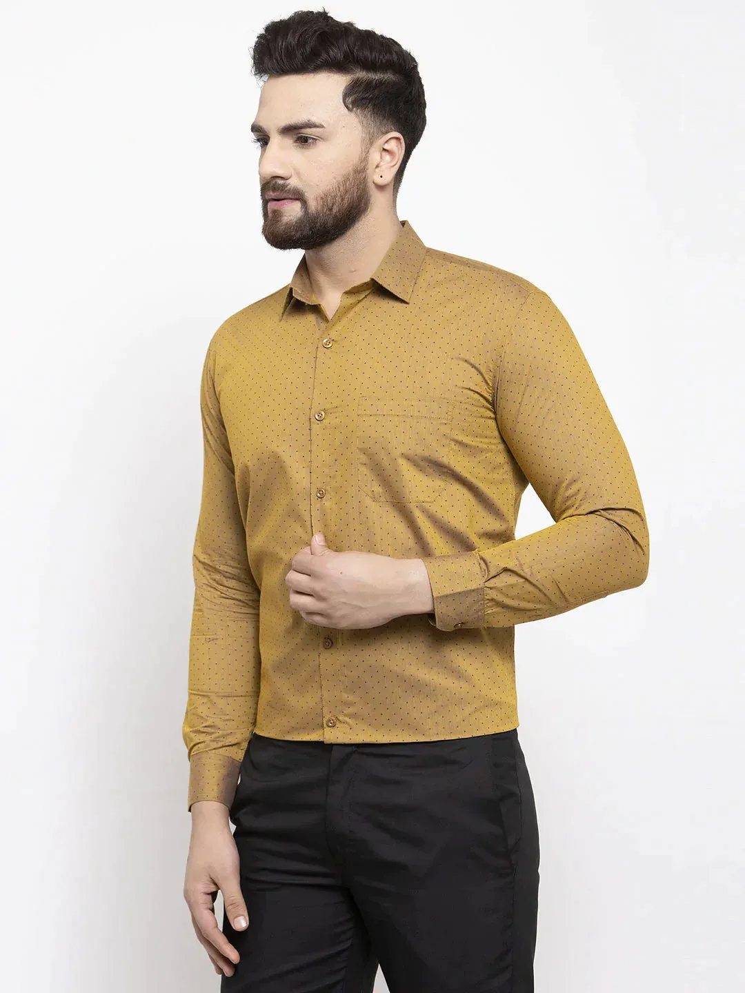 Yellow Men'S Cotton Polka Dots Formal Shirts