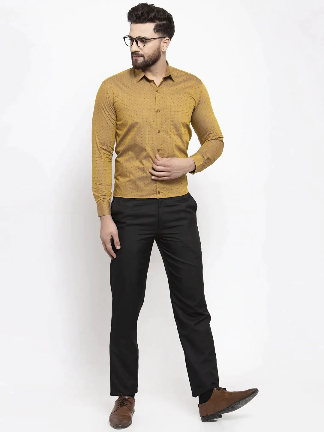 Yellow Men'S Cotton Polka Dots Formal Shirts