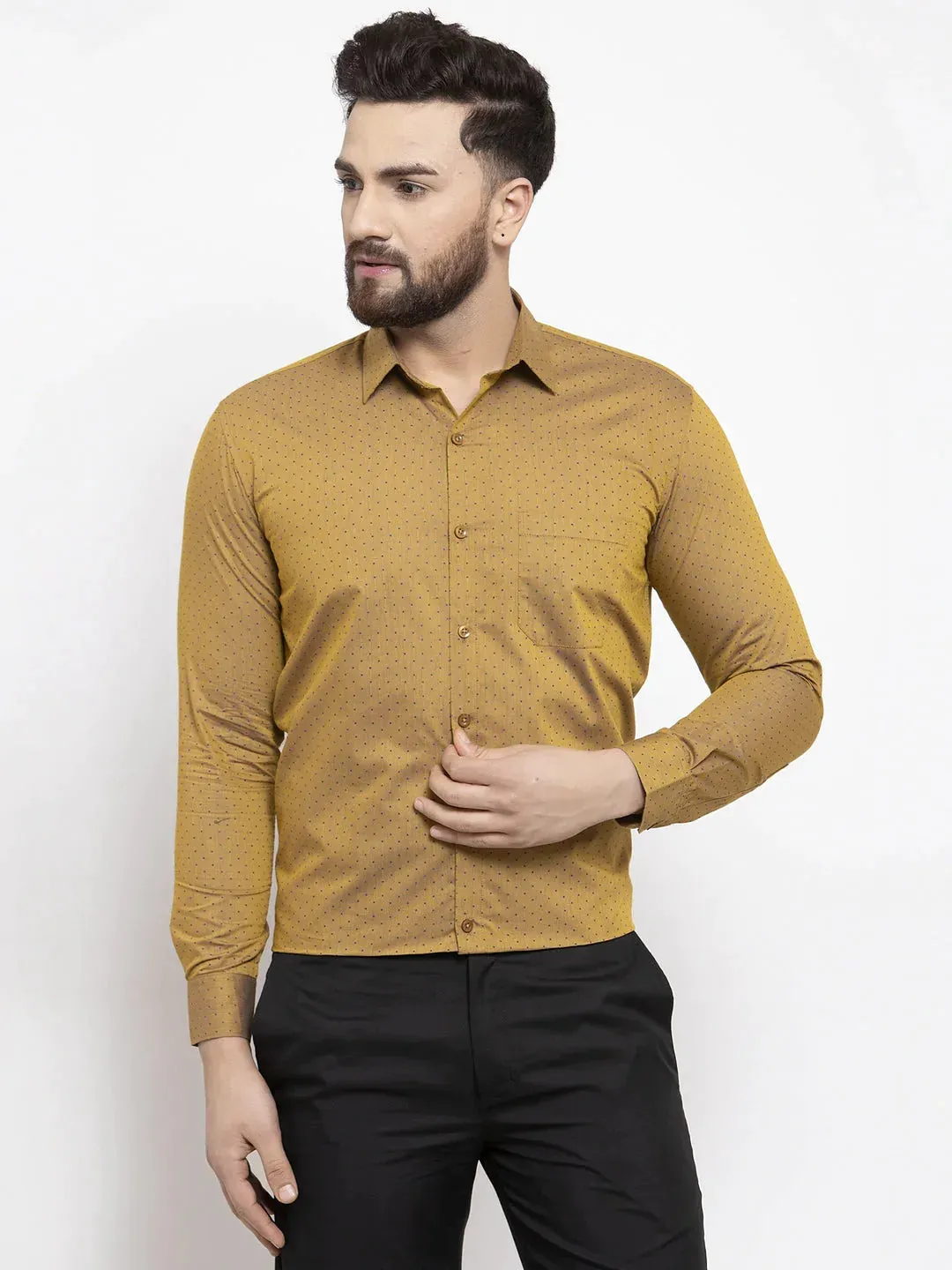 Yellow Men'S Cotton Polka Dots Formal Shirts