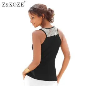 Z&KOZE  2016 New Women Beading Shining Vest Cute Racerback Sexy Scoop Neckline Tank Tops Loose Plus Size 3XL for Ladies